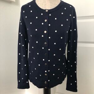 Classic Preppy Navy and White Polka Dot Button Front Cardigan Sweater